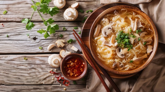 Uma tigela de sopa asiática com frango e cogumelos em uma mesa de madeira