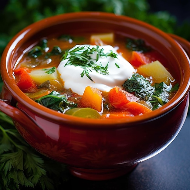 Uma tigela de sopa com cenoura, aipo e salsa.