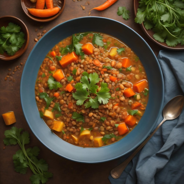 Uma tigela de sopa com feijão e feijão em uma mesa.