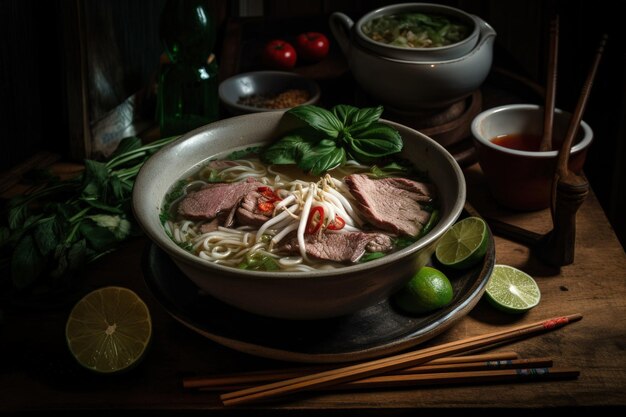 Uma tigela de sopa com macarrão de carne e IA generativa de vegetais