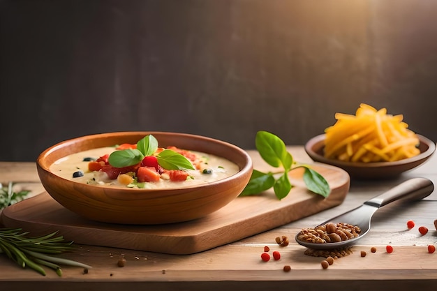 uma tigela de sopa com milho e abacaxi em uma mesa de madeira.