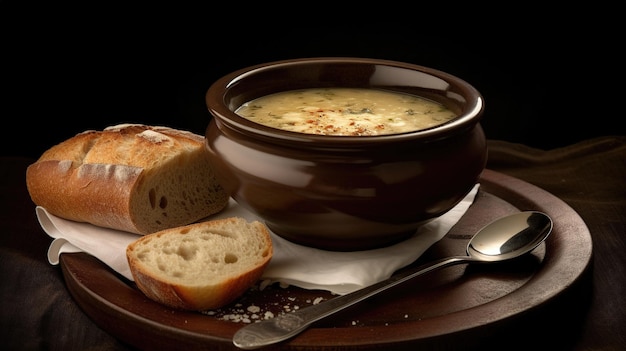 Uma tigela de sopa com pão ao lado