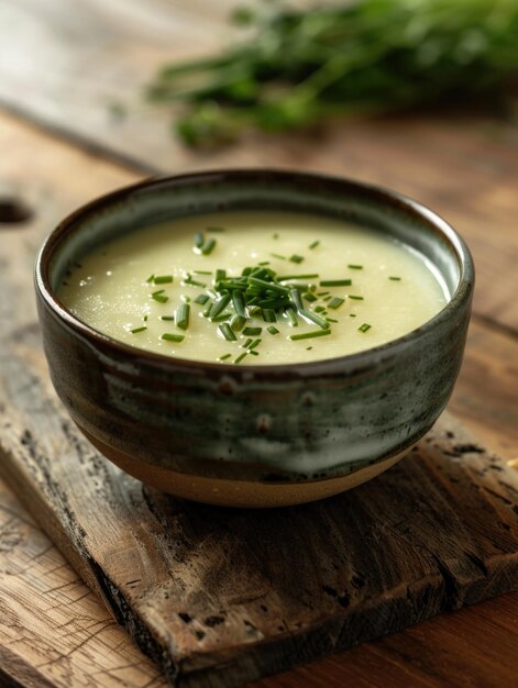 Uma tigela de sopa com salsa em cima fica em uma mesa de madeira