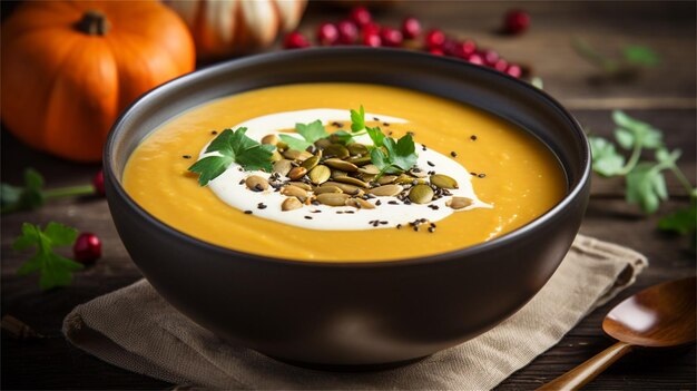 Uma tigela de sopa com sementes de abóbora em uma mesa