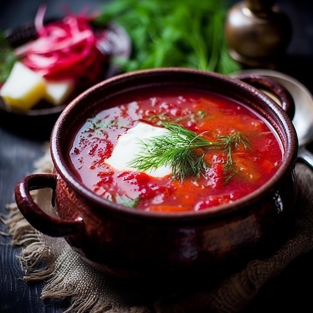 Uma tigela de sopa com um pedaço de salsa por cima.