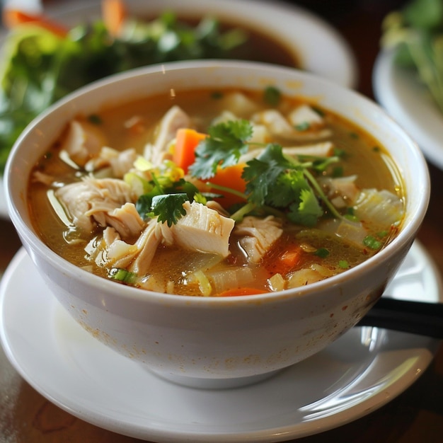 uma tigela de sopa com uma colher em um prato com uma colheita