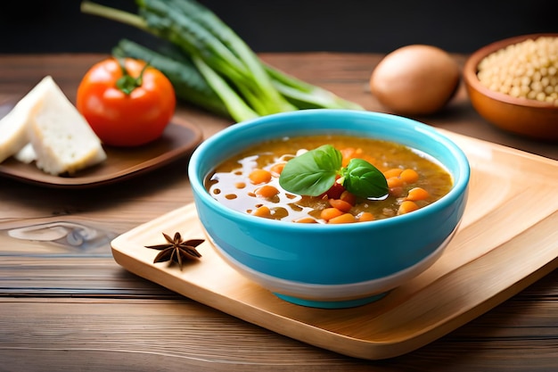 Uma tigela de sopa com uma folha verde e uma estrela vermelha ao lado.