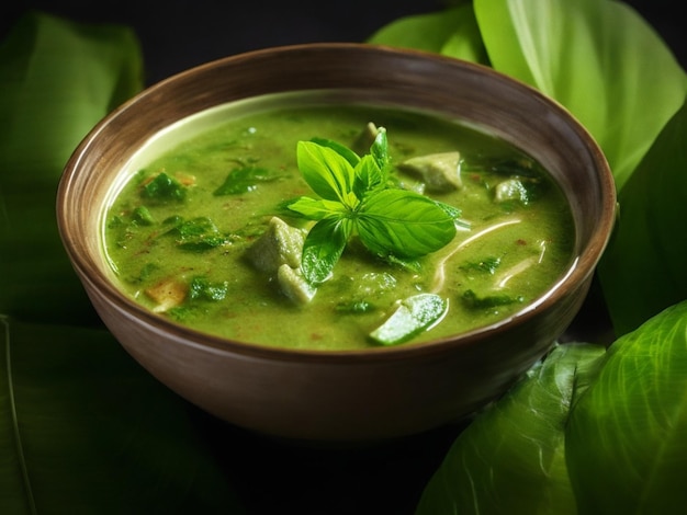 Uma tigela de sopa com uma folha verde e uma tigela de madeira com uma Folha de salsa.