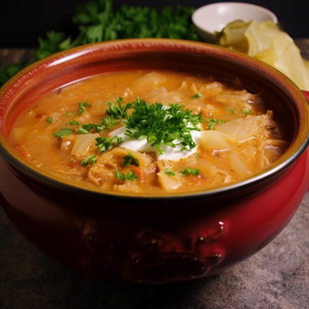 Uma tigela de sopa com uma tigela vermelha de arroz em cima da mesa.