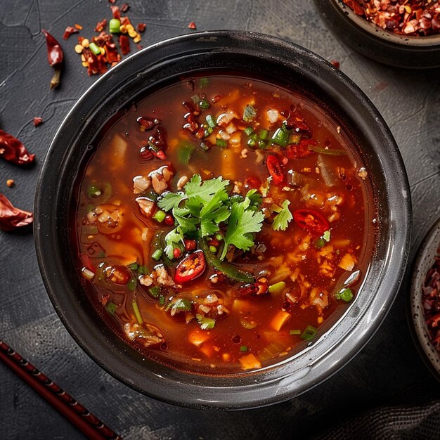 uma tigela de sopa com uma variedade de legumes e especiarias