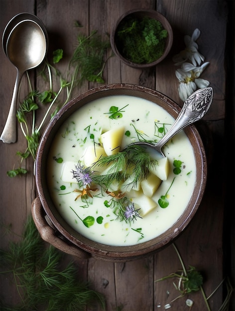 Uma tigela de sopa cremosa de alho-poró e batata com ervas geradas por IA