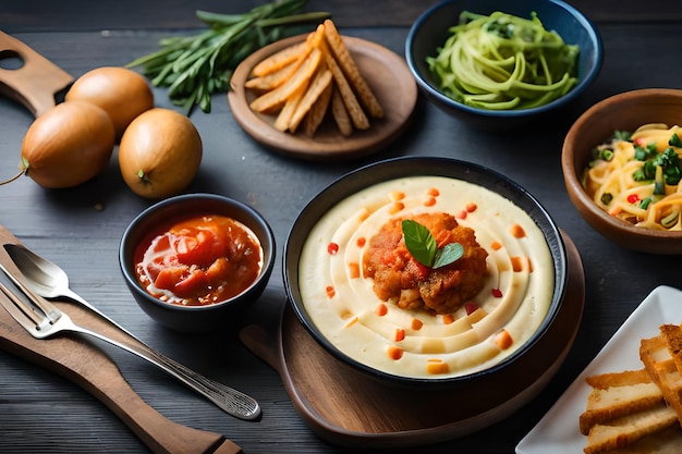 Uma tigela de sopa cremosa de couve-flor com uma tigela de molho e uma tigela de molho.