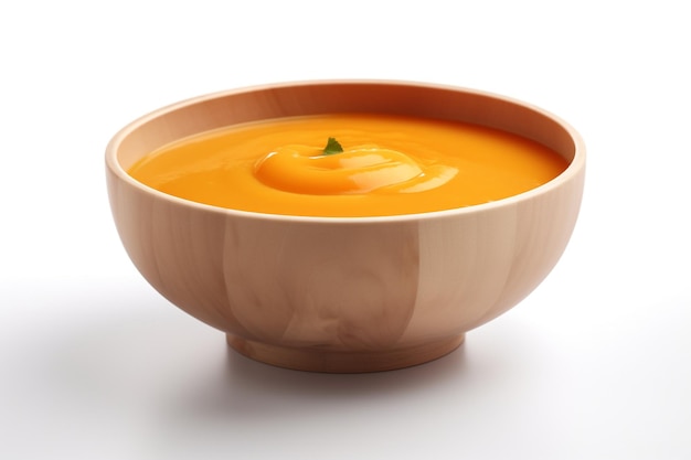 Uma tigela de sopa de abóbora com um pedaço de tomate por cima