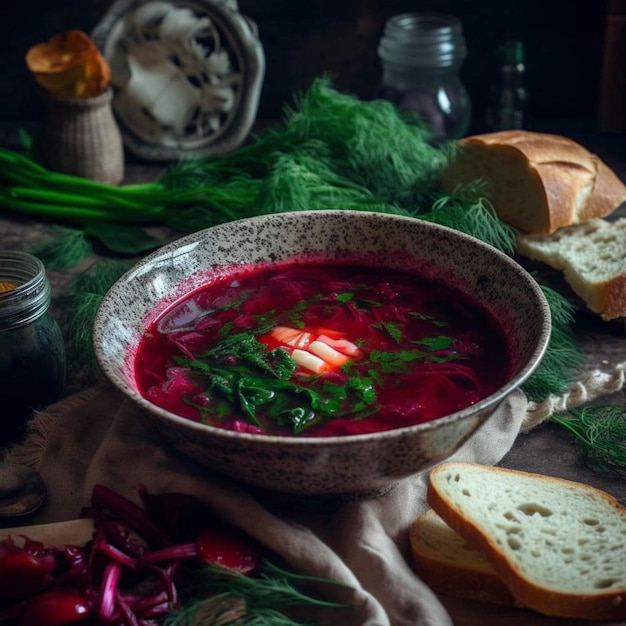 Uma tigela de sopa de beterraba com pão na mesa