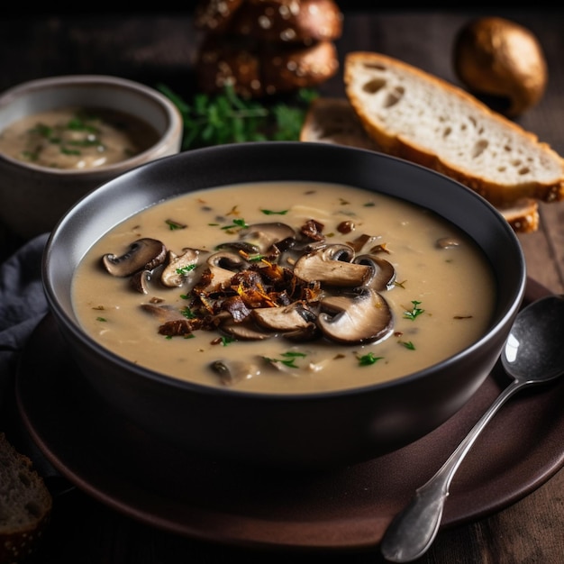 Uma tigela de sopa de cogumelos com uma colher ao lado.