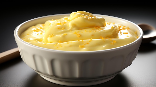 Uma tigela de sopa de creme de batata saborosa em uma mesa de madeira branca em close-up