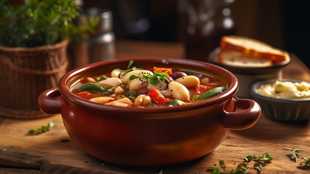 Uma tigela de sopa de feijão branco com pão em uma mesa de madeira.