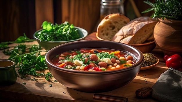 Uma tigela de sopa de feijão com pão ao lado