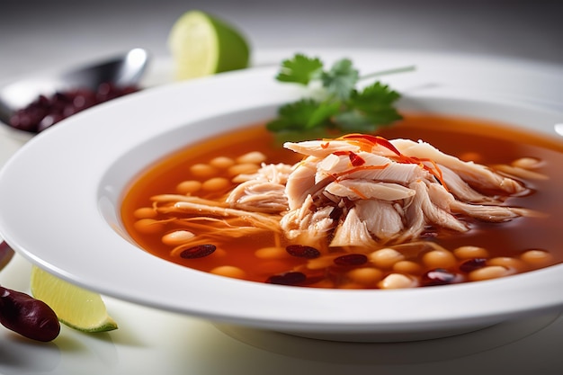 Uma tigela de sopa de frango e arroz com fatias de limão ao lado.