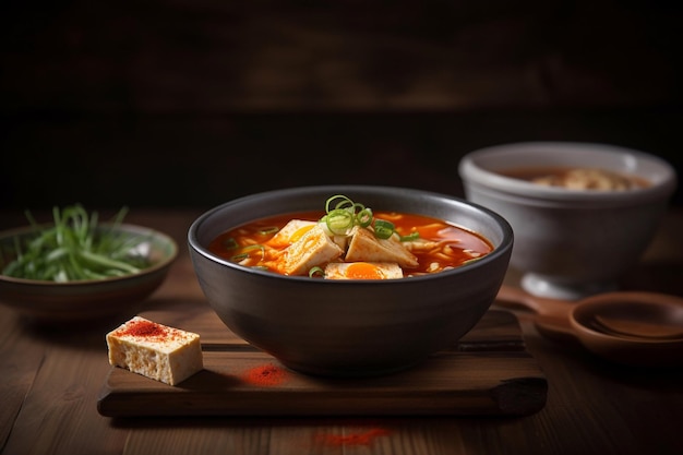 Uma tigela de sopa de kimchi com um pequeno pedaço de tofu ao lado.