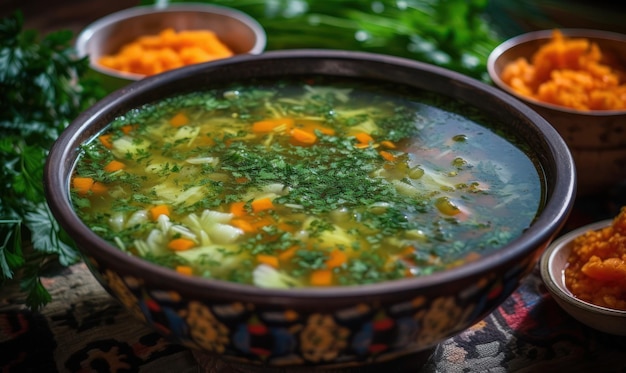 Uma tigela de sopa de legumes com uma tigela de legumes ao lado