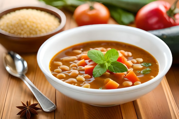 Uma tigela de sopa de lentilha com uma colher ao lado.