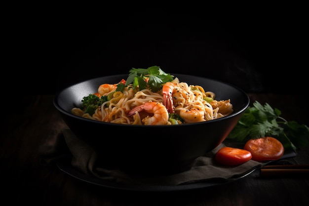 Uma tigela de sopa de macarrão de camarão com fundo preto