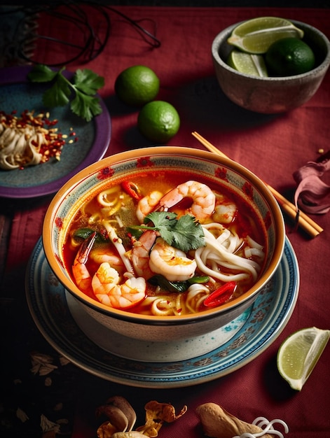 Uma tigela de sopa de macarrão de camarão com limão ao lado.