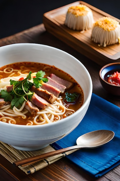 Uma tigela de sopa de macarrão de carne com uma tigela de macarrão e uma tigela de molho.