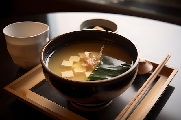 Uma tigela de sopa de missô com uma folha de cebola verde.