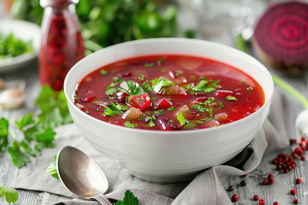 Uma tigela de sopa de raiz de beterraba vermelha