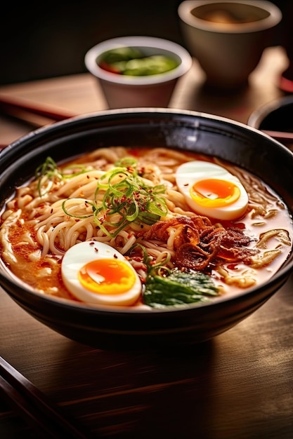 uma tigela de sopa de ramen com ovo e legumes