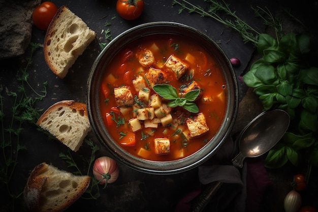 Uma tigela de sopa de tofu com pão e tomate ao lado