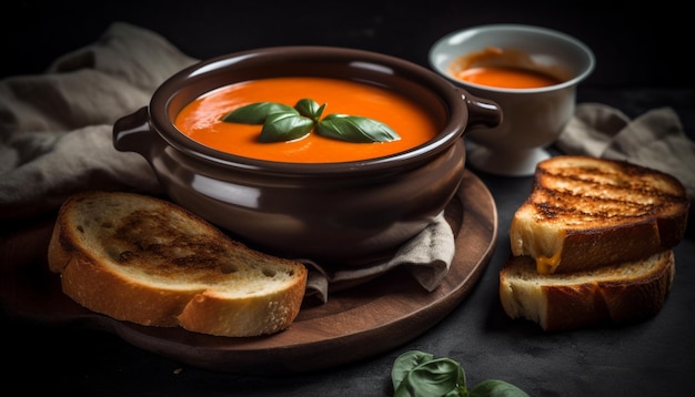 Uma tigela de sopa de tomate ao lado de pão torrado.