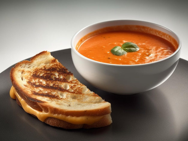 Uma tigela de sopa de tomate ao lado de um sanduíche torrado.