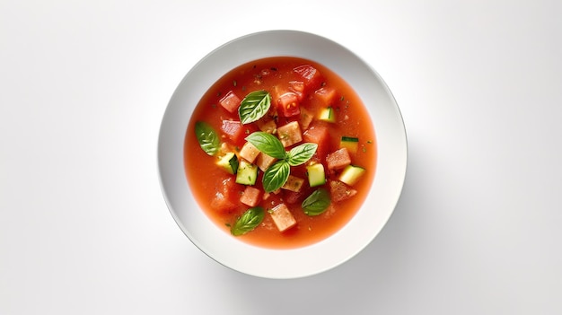 Uma tigela de sopa de tomate com abacate e folhas de manjericão