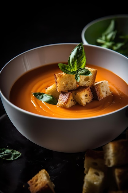 Uma tigela de sopa de tomate com croutons por cima