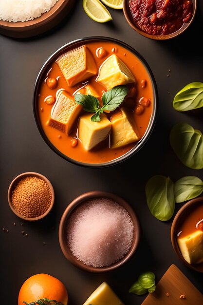 Uma tigela de sopa de tomate com folhas de manjericão ao lado