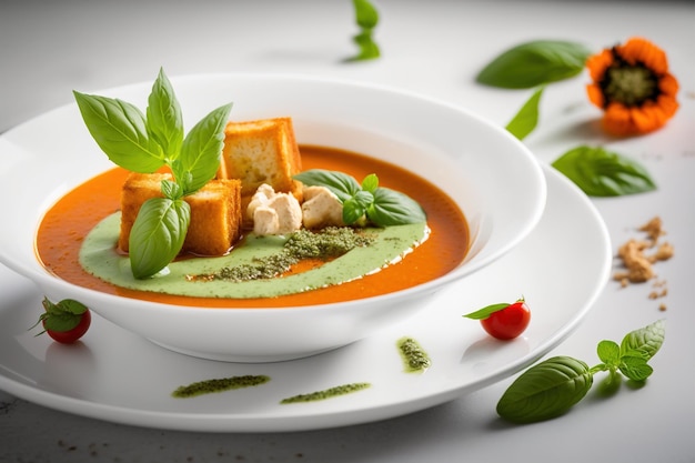 Uma tigela de sopa de tomate com folhas de manjericão em cima da mesa.