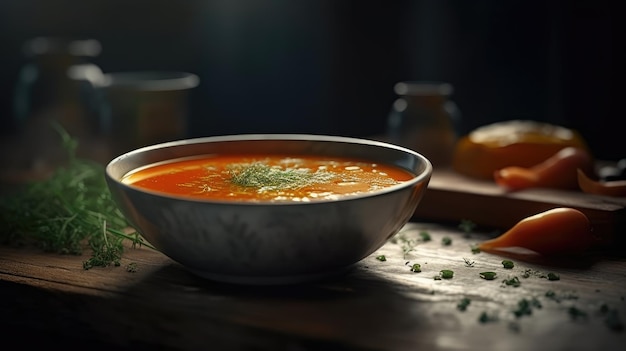 Uma tigela de sopa de tomate com salsa ao lado.