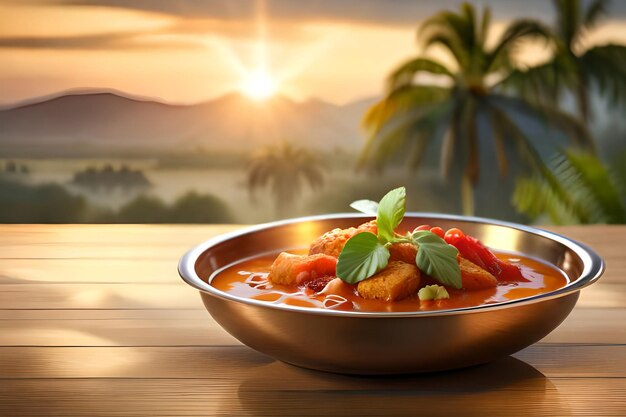 Uma tigela de sopa de tomate com um pôr do sol ao fundo