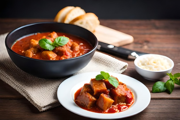 Uma tigela de sopa de tomate com um prato de carne e uma tigela de queijo parmesão.