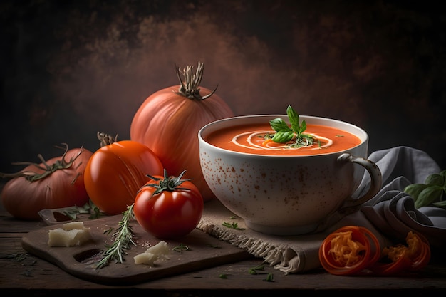 Uma tigela de sopa de tomate com um raminho de alho e tomate em cima da mesa.