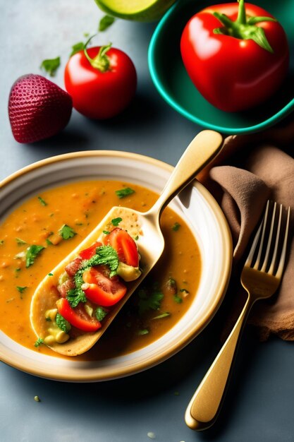 Uma tigela de sopa de tomate com uma colher cheia de sopa de tomate vegana.