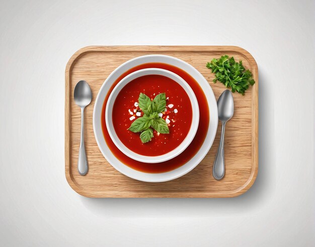 uma tigela de sopa de tomate com uma colher e um spri
