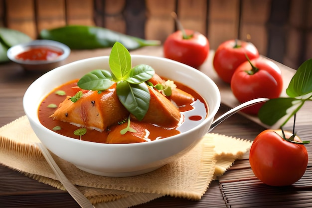 Uma tigela de sopa de tomate com uma folha de manjericão por cima