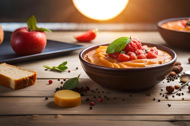 Uma tigela de sopa de tomate com uma maçã vermelha ao lado.