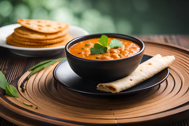 Uma tigela de sopa de tomate com uma pilha de pãezinhos crocantes ao lado.