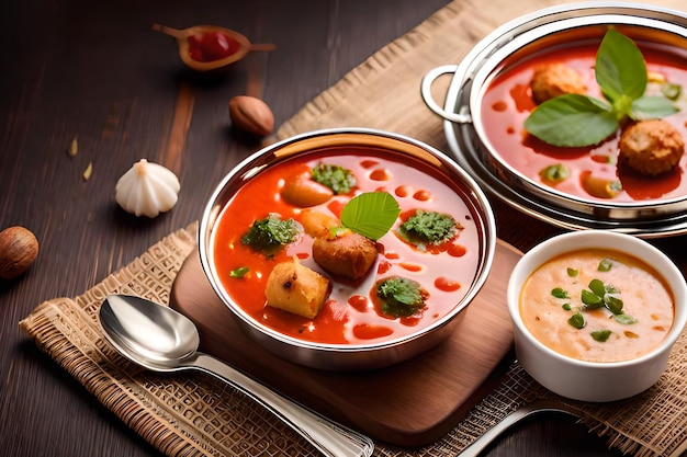 Uma tigela de sopa de tomate com uma tigela de molho cremoso de amendoim.