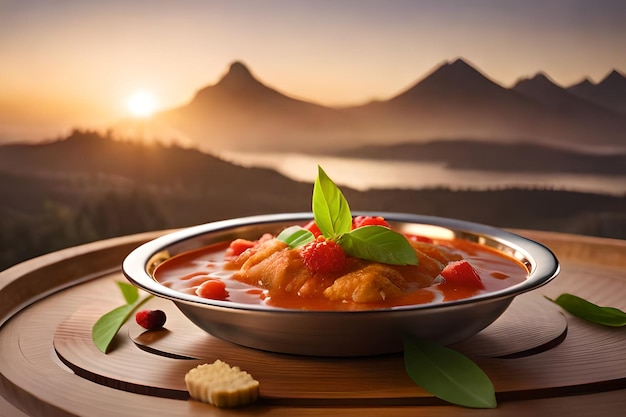 Uma tigela de sopa de tomate com vista para as montanhas ao fundo.